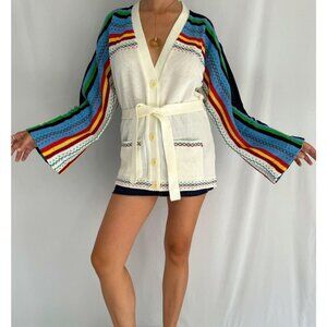 70s vintage white rainbow striped groovy knit button up cardigan belted sweater